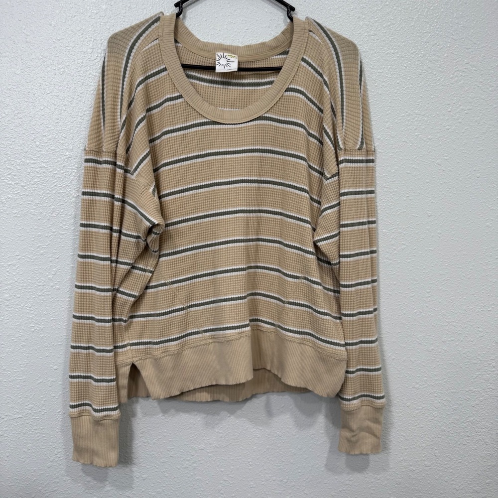OFFLINE by Aerie Tan‎ Olive Green Striped Waffle Knit Thermal Top XXS XX-Small